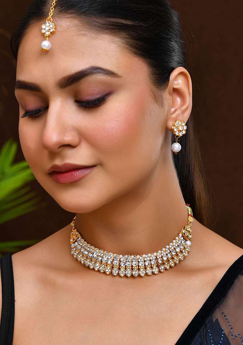 Gold And Plated American Diamond Studded And Beaded Choker Jewellery Set - Indya