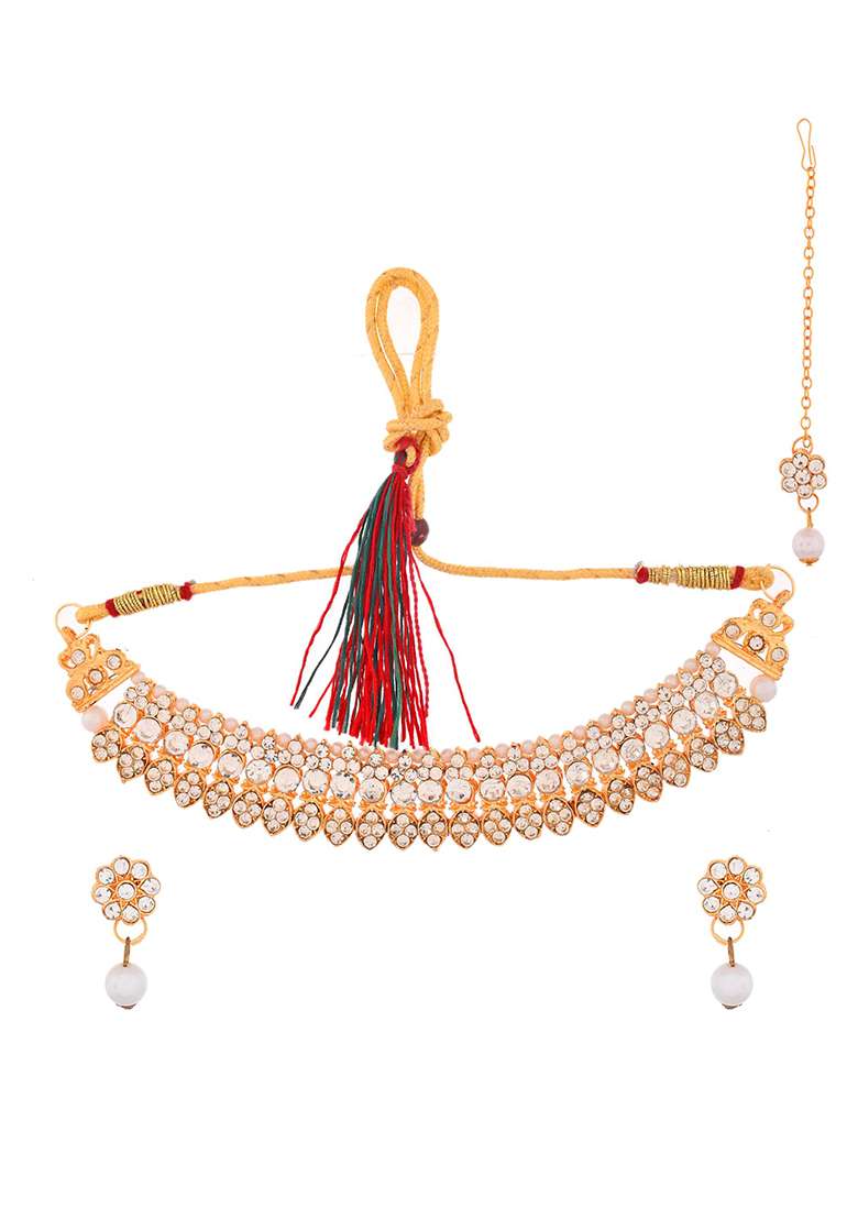 Gold And Plated American Diamond Studded And Beaded Choker Jewellery Set - Indya