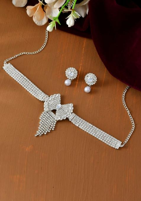 American Diamond And Studded And Pearl Droplet Silver Choker Set

