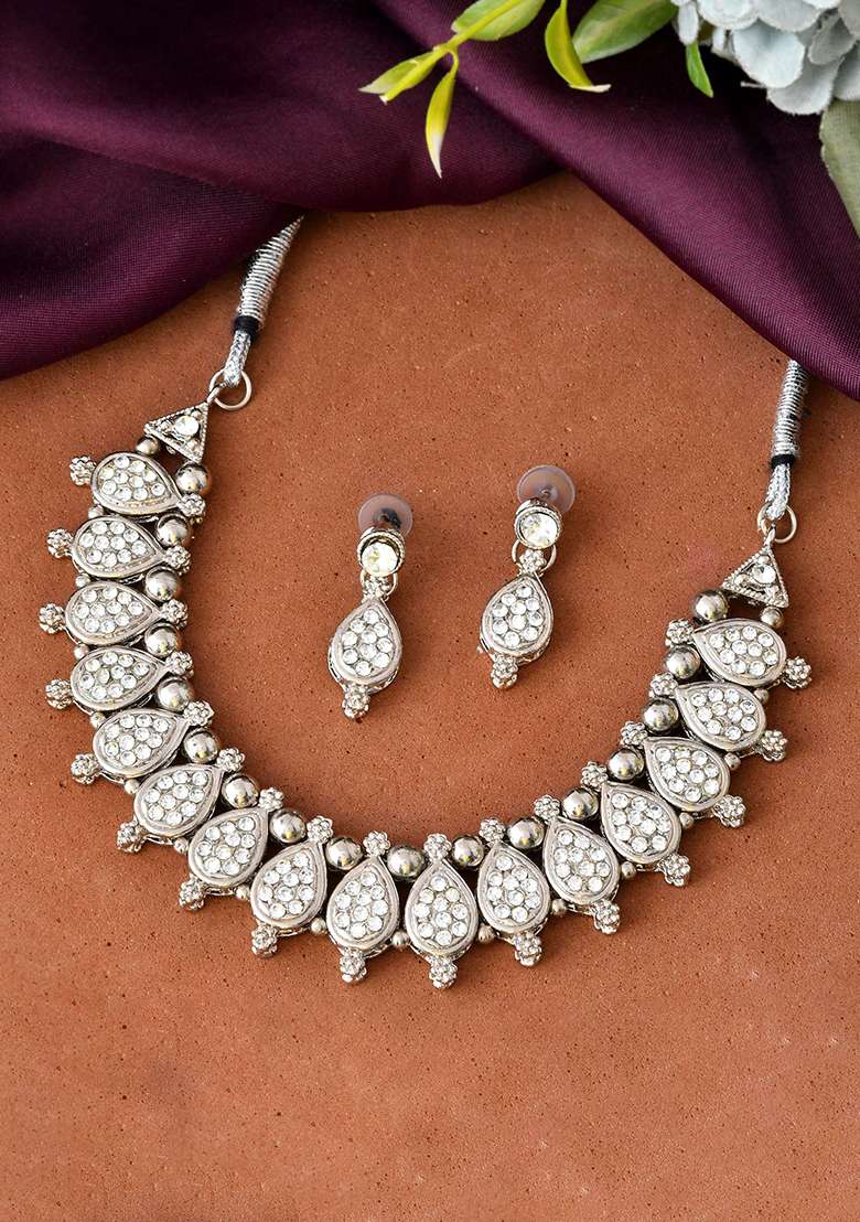 Silver And Plated Ad Studded Traditional Necklace Set For Women - Indya