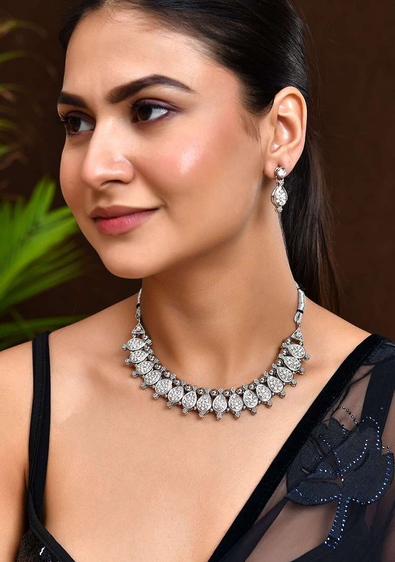 Silver And Plated Ad Studded Traditional Necklace Set For Women - Indya