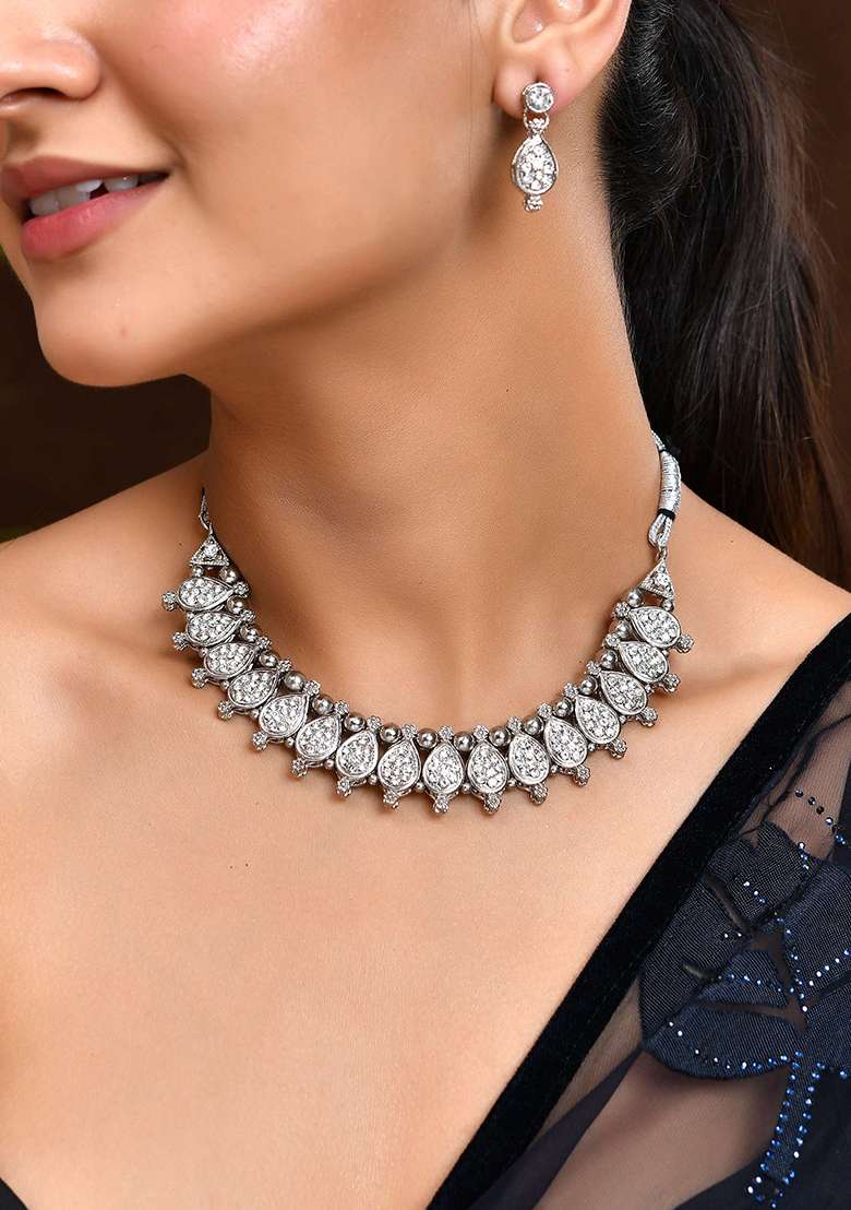 Silver And Plated Ad Studded Traditional Necklace Set For Women - Indya