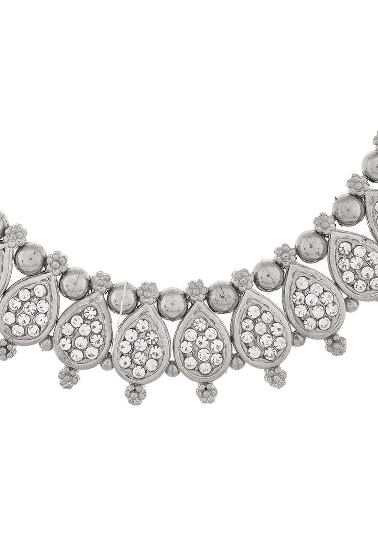 Silver And Plated Ad Studded Traditional Necklace Set For Women - Indya