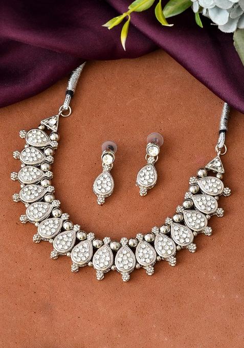 Silver And Plated Ad Studded Traditional Necklace Set For Women