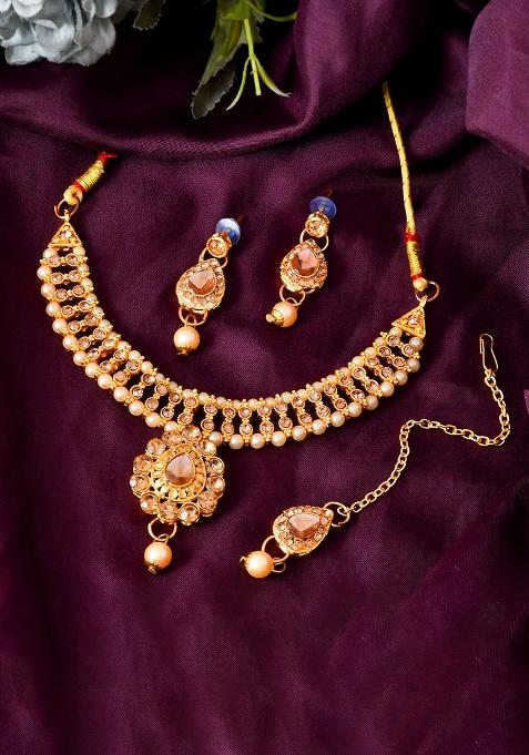 Royal Look Kundan And Style Beaded Gold Jewellery Set


