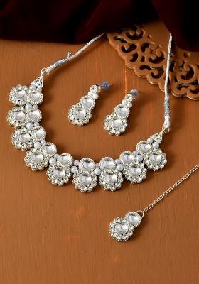 Oxidized Silver Mirror Choker Necklace Set With Earrings