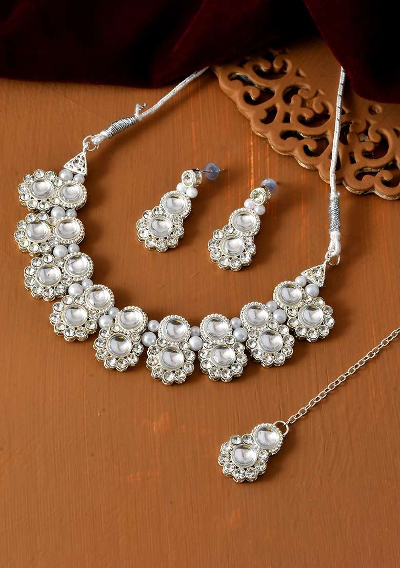 Oxidized Silver Mirror Choker Necklace Set With Earrings - Indya