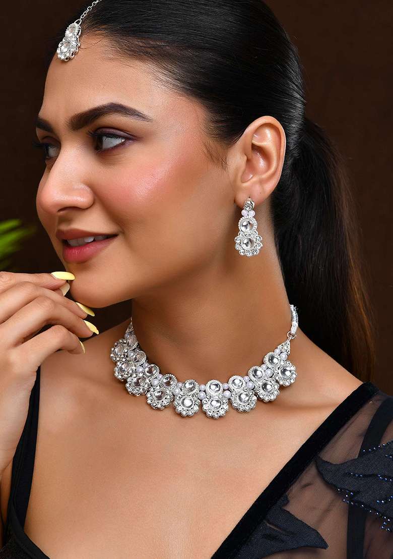 Oxidized Silver Mirror Choker Necklace Set With Earrings - Indya