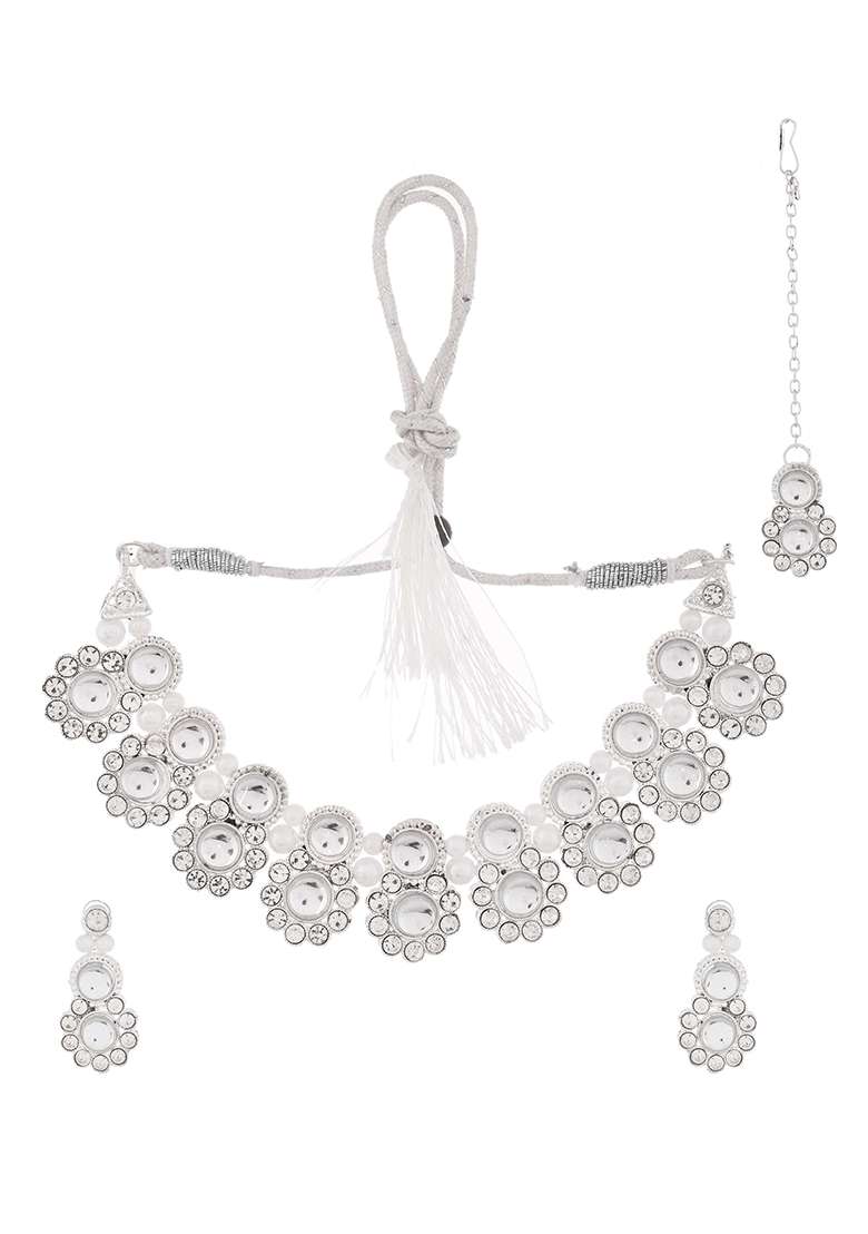 Oxidized Silver Mirror Choker Necklace Set With Earrings - Indya