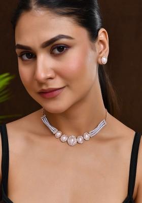 Rose Gold And Plated Pearl And American Diamond And Studded Jewellery Set