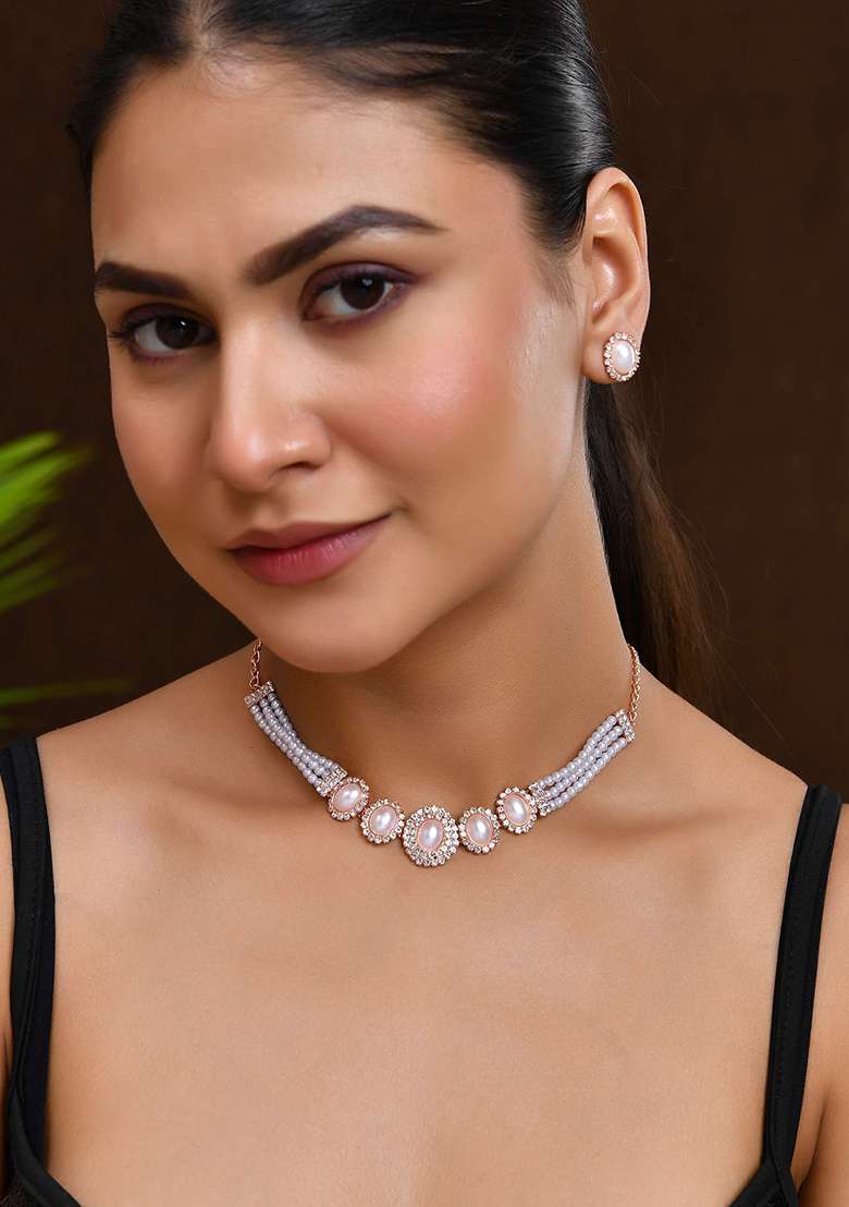 Rose Gold And Plated Pearl And American Diamond And Studded Jewellery Set - Indya