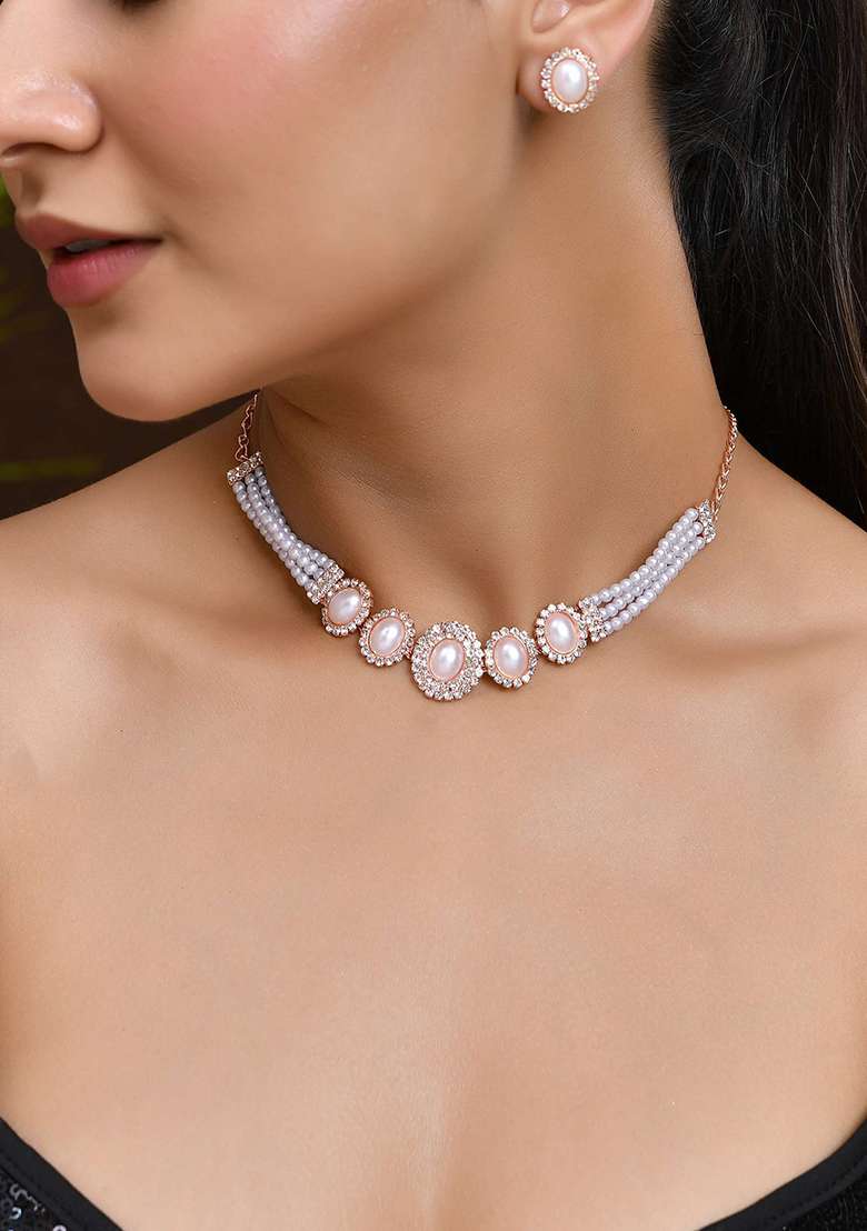 Rose Gold And Plated Pearl And American Diamond And Studded Jewellery Set - Indya