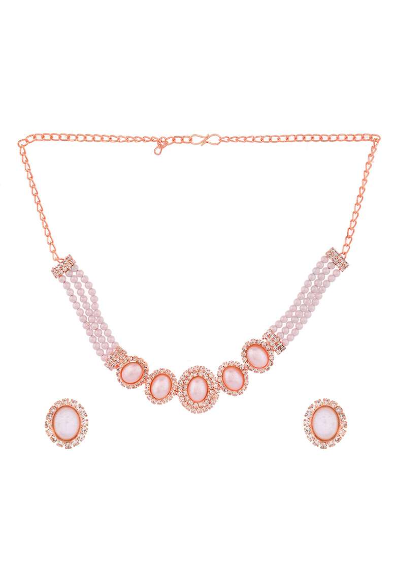 Rose Gold And Plated Pearl And American Diamond And Studded Jewellery Set - Indya