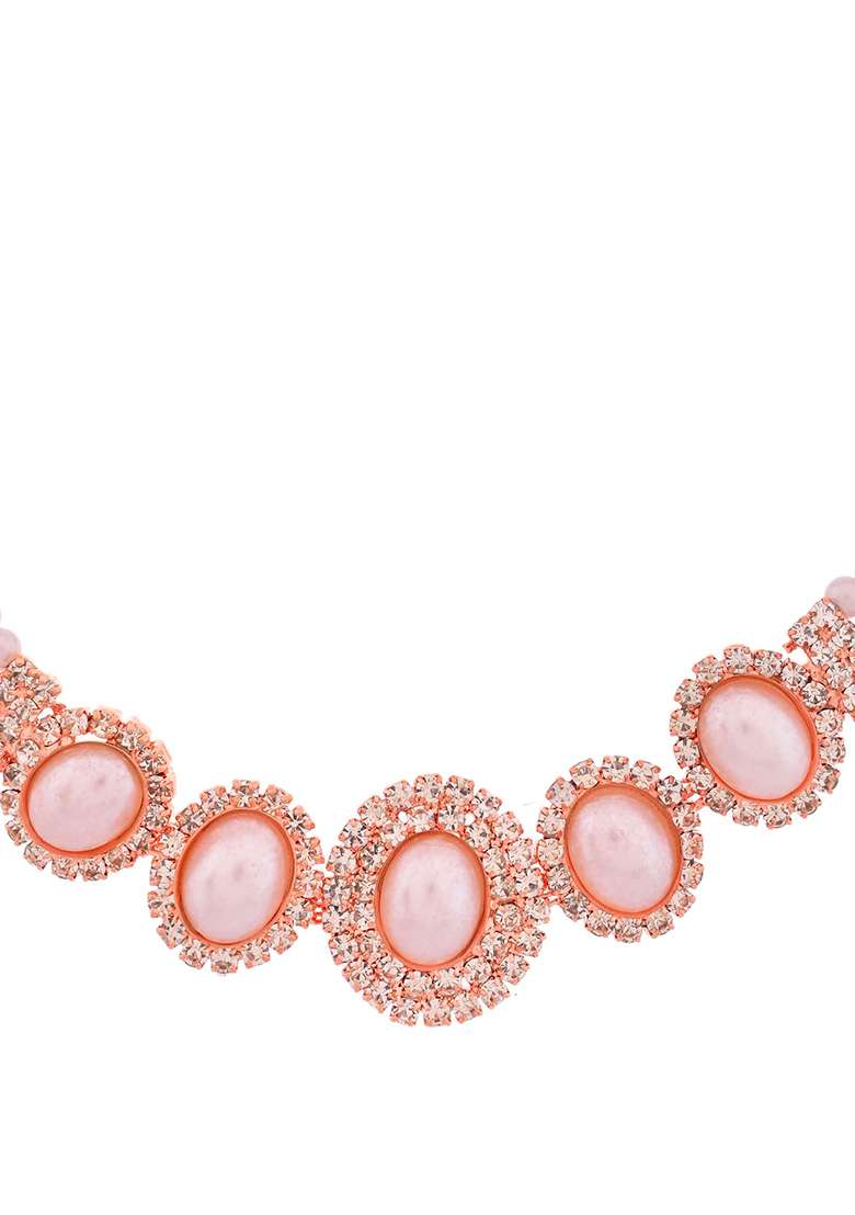 Rose Gold And Plated Pearl And American Diamond And Studded Jewellery Set - Indya