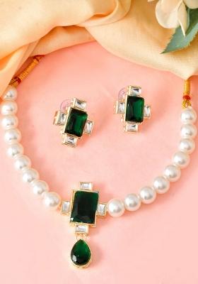 Kundan Inspired Pearl And Green Stone Bridal Necklace