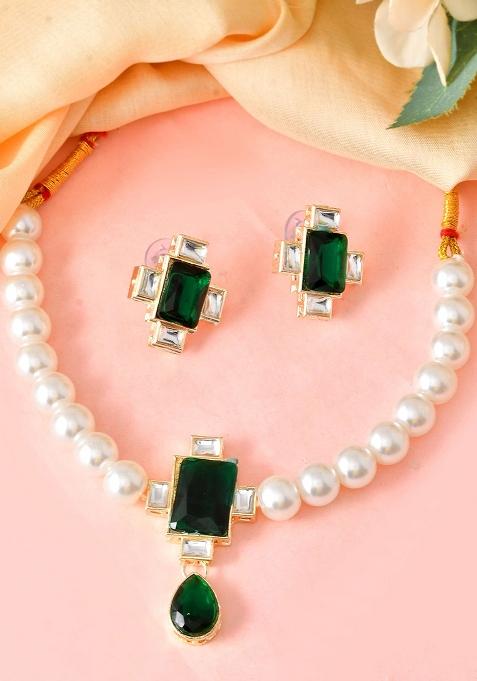 Kundan Inspired Pearl And Green Stone Bridal Necklace