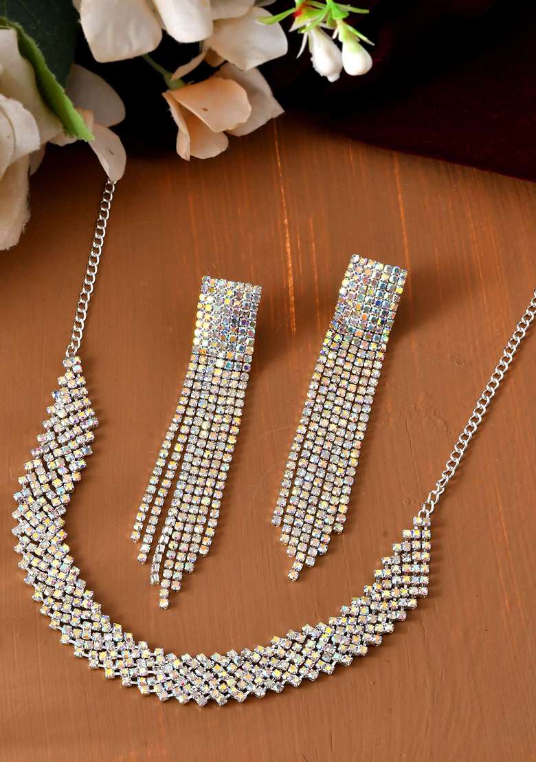 Silver And Toned Crystal And Studded Multi And Layer Statement Choker - Indya
