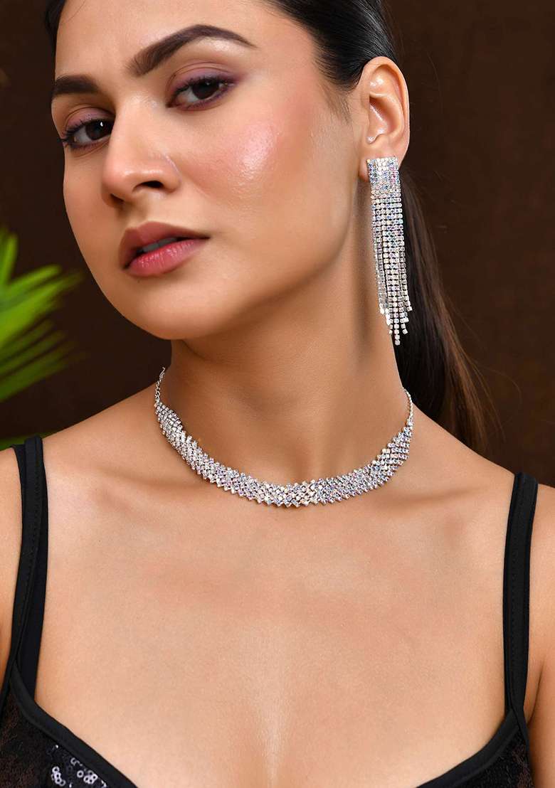 Silver And Toned Crystal And Studded Multi And Layer Statement Choker - Indya
