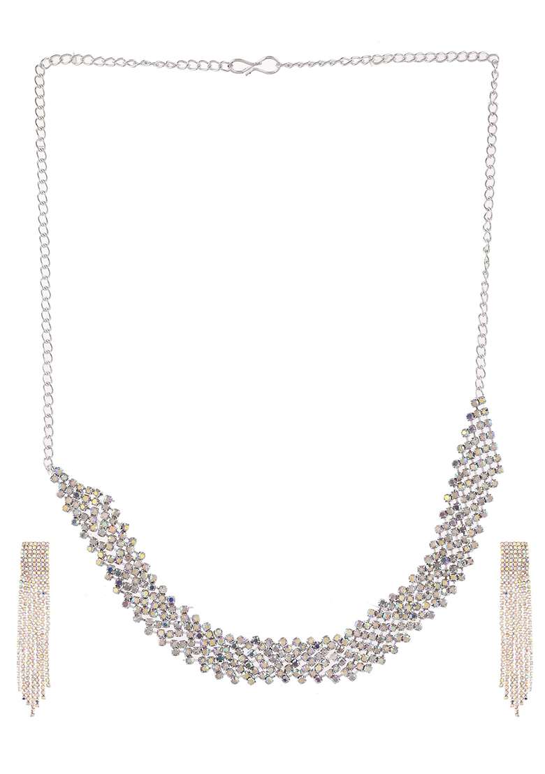 Silver And Toned Crystal And Studded Multi And Layer Statement Choker - Indya