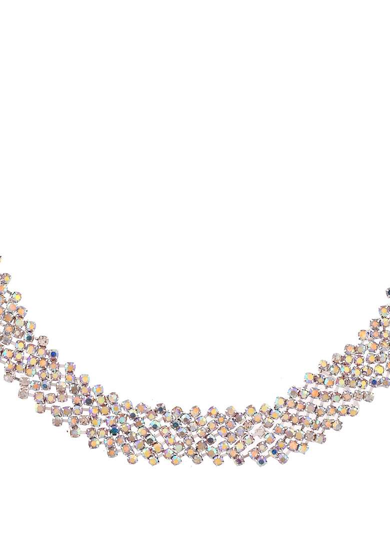 Silver And Toned Crystal And Studded Multi And Layer Statement Choker - Indya