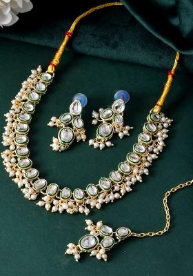 Gold And Toned Green And White Kundan And Style Pearl Choker Set

