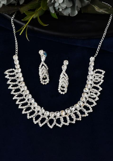Crystal And Studded Sparkling Statement Necklace And Earrings Set