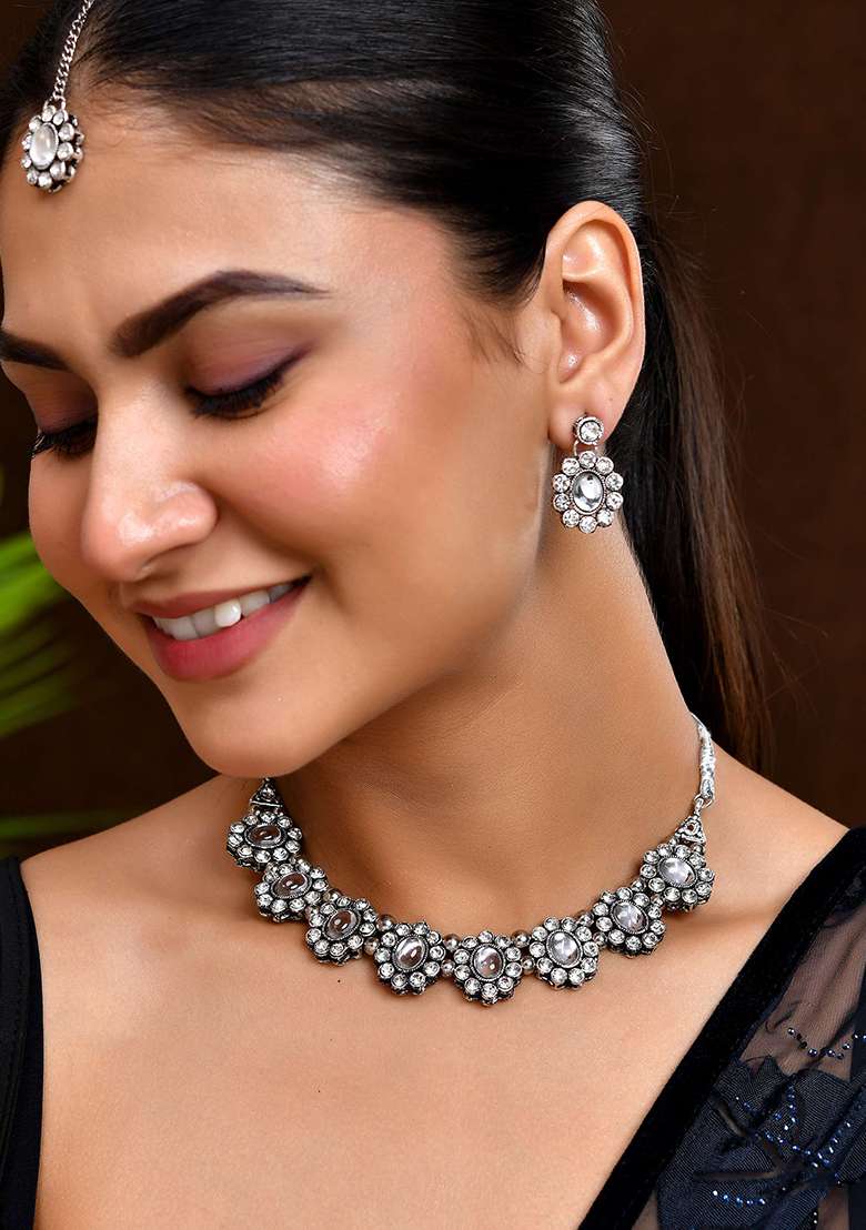 Handcrafted Oxidized Mirror Choker Jewellery Set - Indya