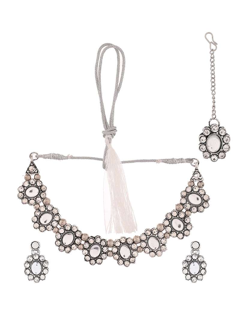 Handcrafted Oxidized Mirror Choker Jewellery Set - Indya