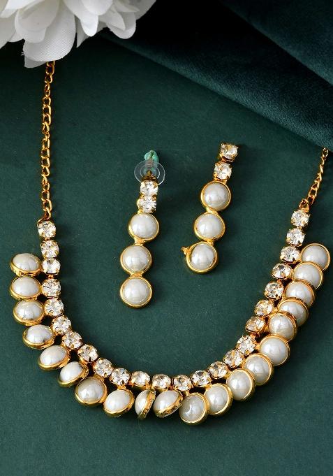 Gold And Plated White Beaded And Stone And Studded Adjustable Choker Necklace