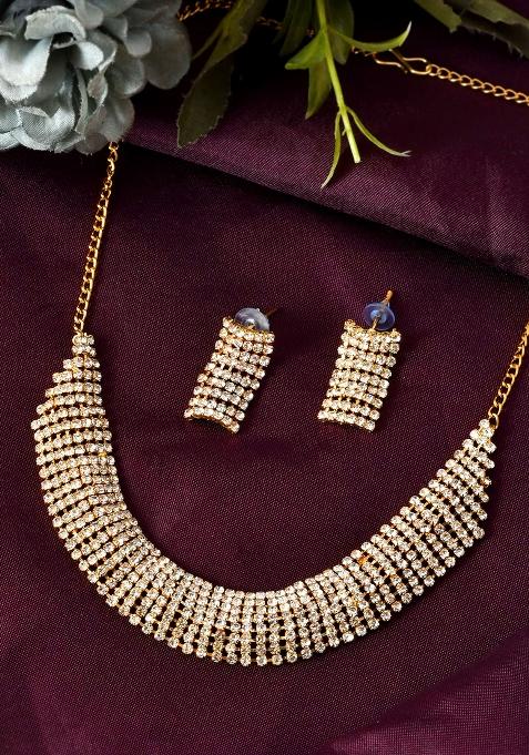 Gold And Plated American Diamond Wide Choker Necklace Set

