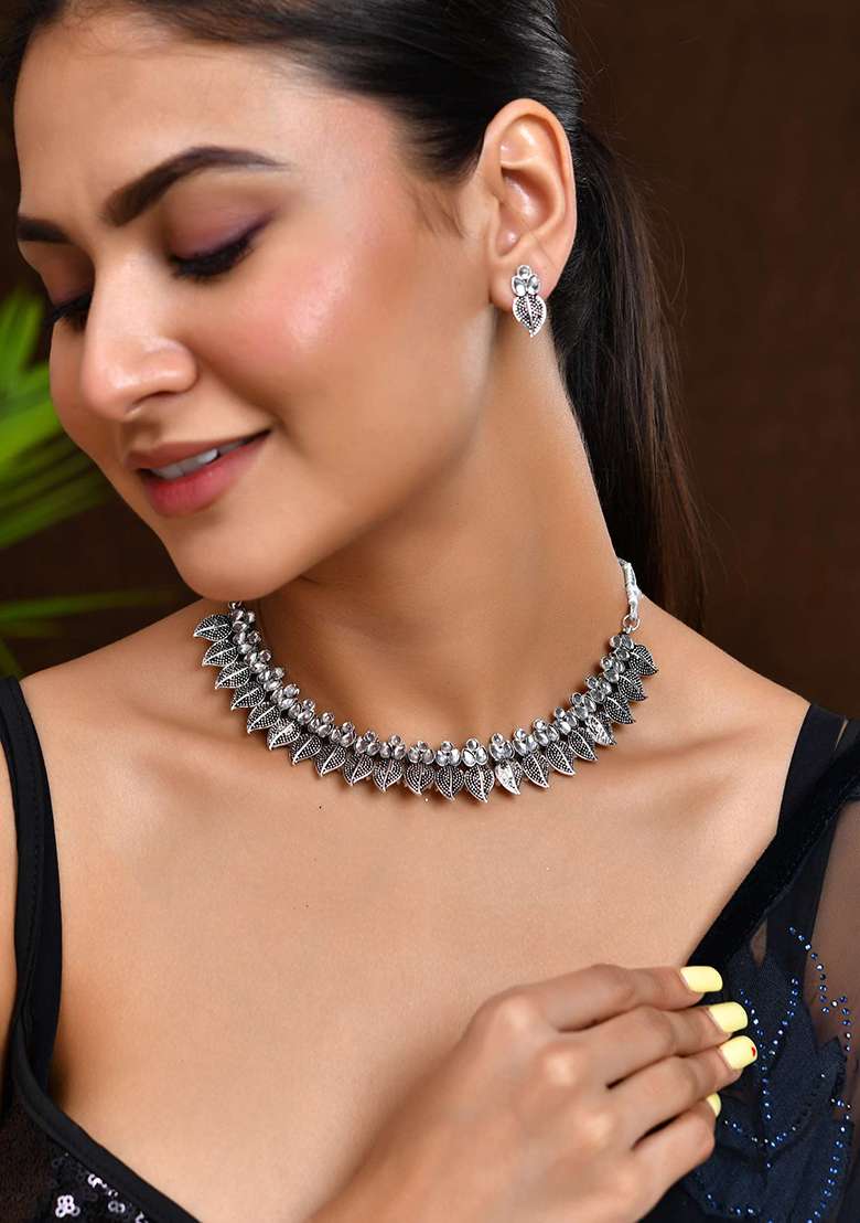 Oxidised Silver And Plated Leaf Motif Necklace Set With Stud Earrings - Indya