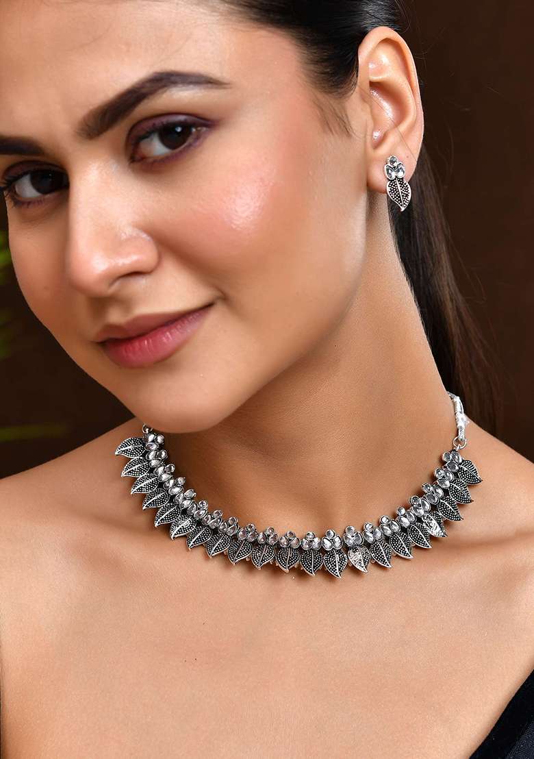 Oxidised Silver And Plated Leaf Motif Necklace Set With Stud Earrings - Indya
