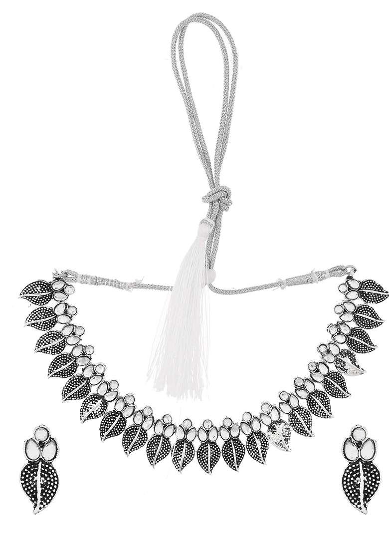 Oxidised Silver And Plated Leaf Motif Necklace Set With Stud Earrings - Indya