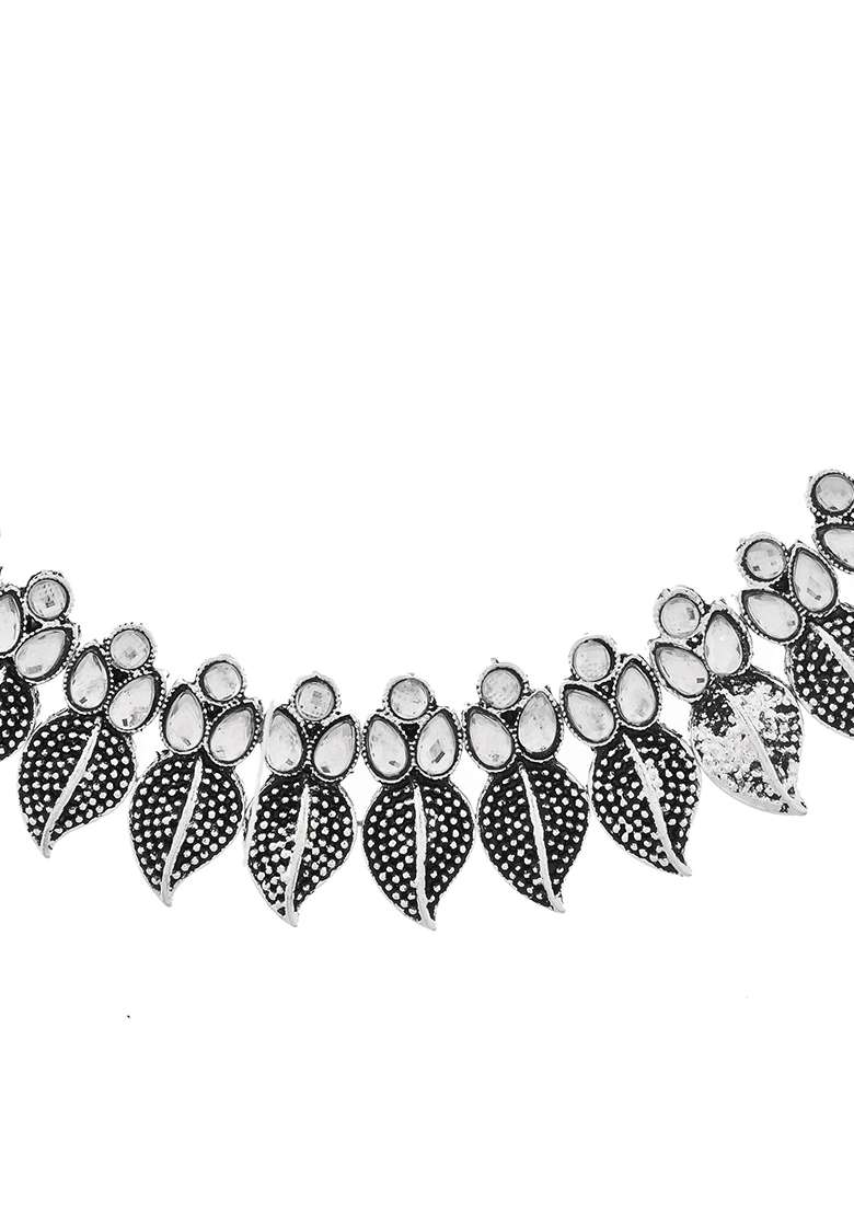 Oxidised Silver And Plated Leaf Motif Necklace Set With Stud Earrings - Indya