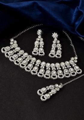 Silver And Toned American Diamond Choker And Earrings Set

