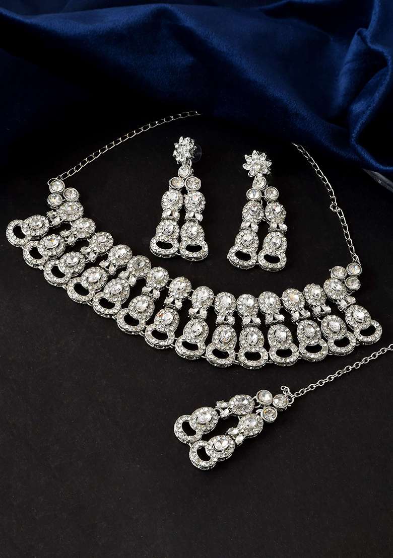 Silver And Toned American Diamond Choker And Earrings Set

 - Indya