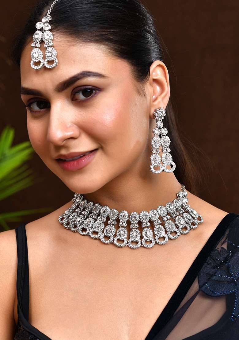 Silver And Toned American Diamond Choker And Earrings Set

 - Indya