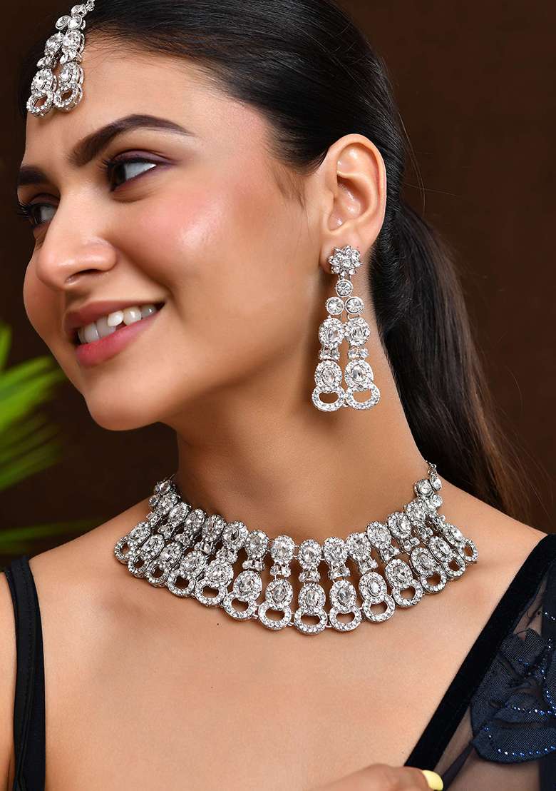 Silver And Toned American Diamond Choker And Earrings Set

 - Indya