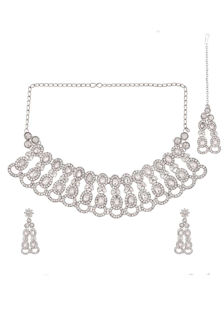 Silver And Toned American Diamond Choker And Earrings Set

 - Indya