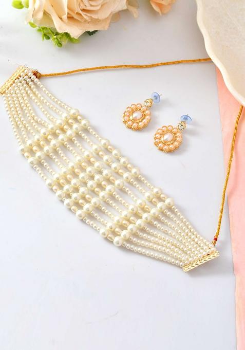 Multi And Strand Pearl Necklace With Kundan And Inspired Pendant And Earrings