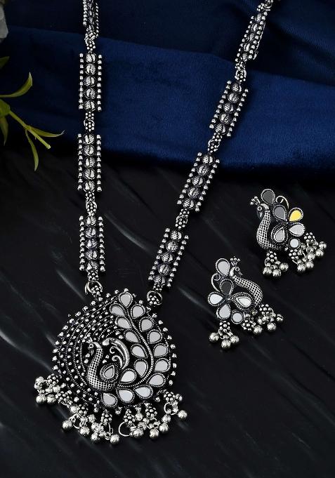 Antique Long Oxidised Necklace Set With Statement Pendant