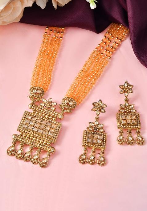 Ethnic Multi And Strand Golden Bead Necklace Set For Women