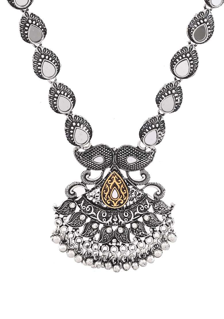 Tribal Oxidised Silver Necklace With Gold Accent Pendant

 - Indya