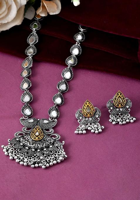 Tribal Oxidised Silver Necklace With Gold Accent Pendant

