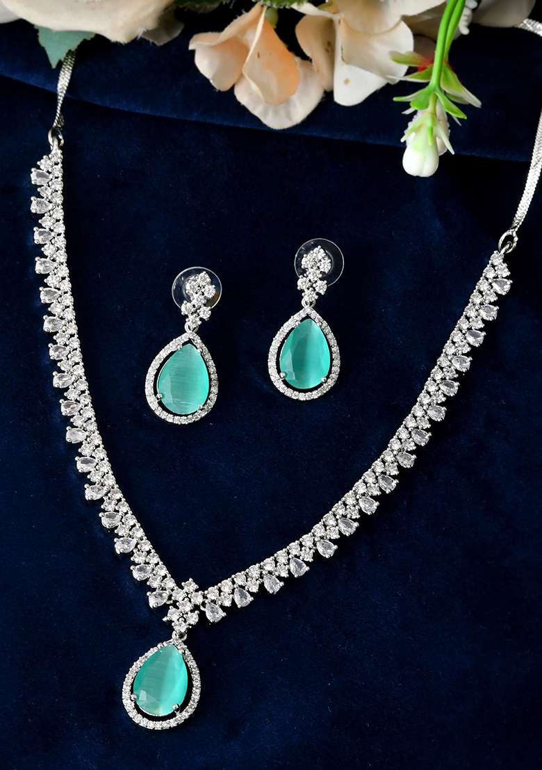 Silver And Plated American Diamond And Cubic Zirconia Studded Jewellery Set - Indya