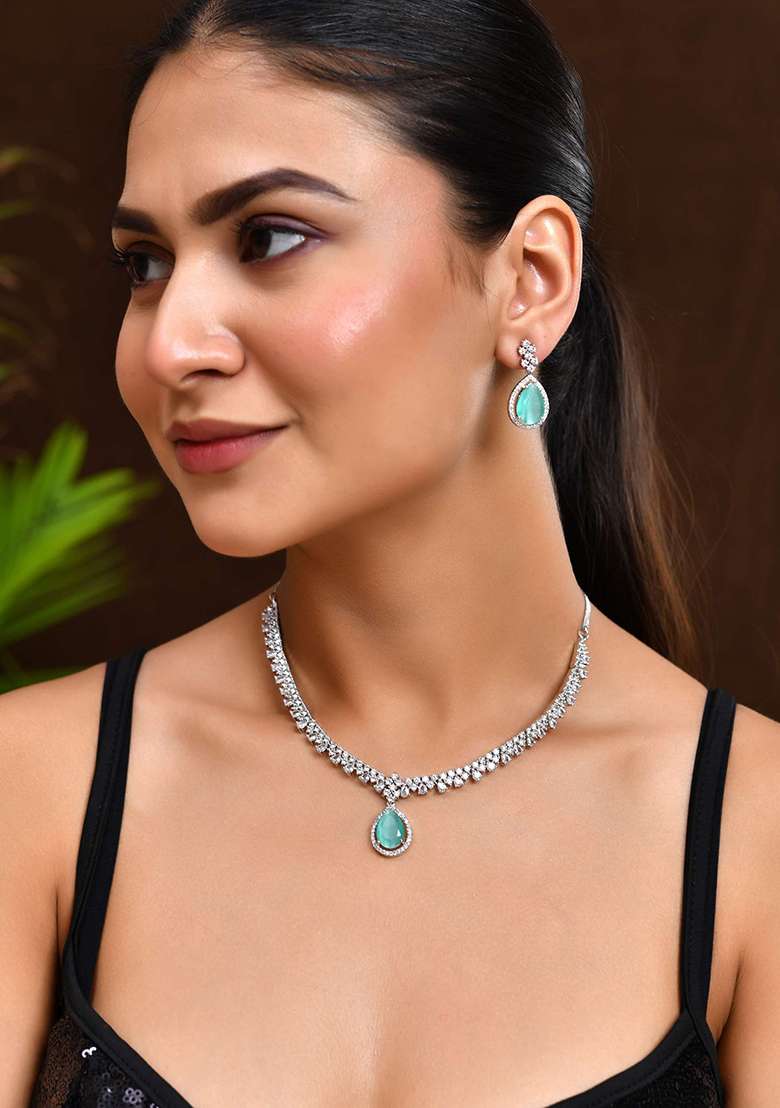 Silver And Plated American Diamond And Cubic Zirconia Studded Jewellery Set - Indya