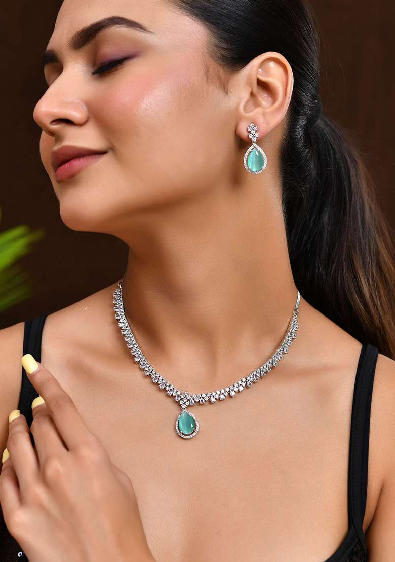 Silver And Plated American Diamond And Cubic Zirconia Studded Jewellery Set - Indya