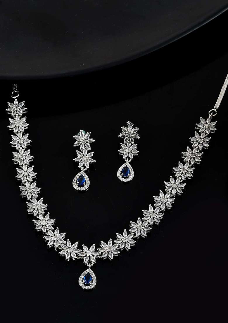 American Diamond Floral Necklace Set With Sapphire Blue Stone Drop

 - Indya