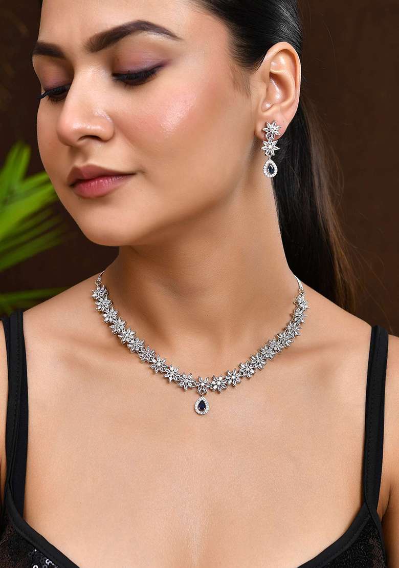 American Diamond Floral Necklace Set With Sapphire Blue Stone Drop

 - Indya