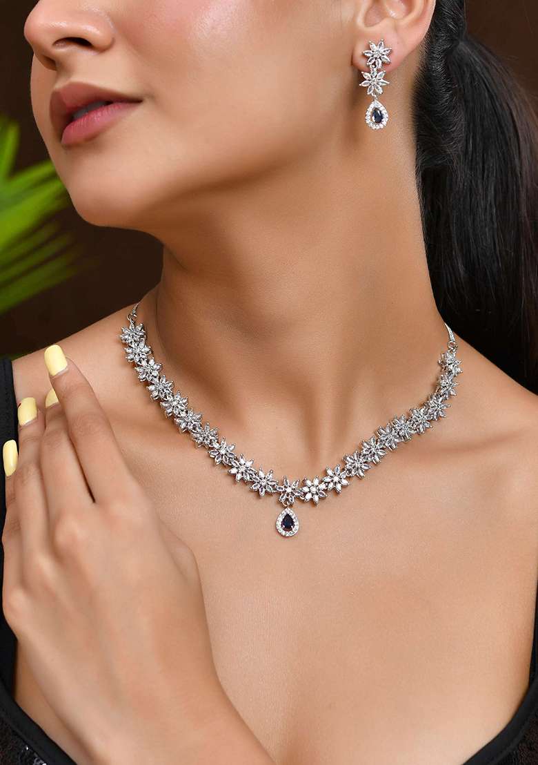 American Diamond Floral Necklace Set With Sapphire Blue Stone Drop

 - Indya